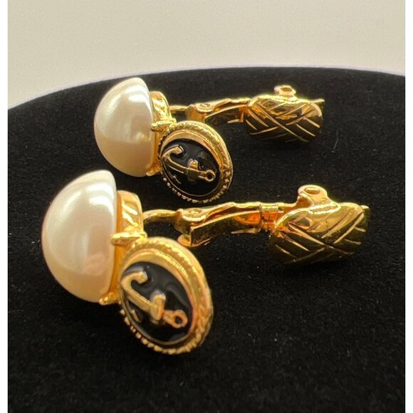 Vintage Marvella Gold-Tone Anchor Clip-On Earrings With Faux Pearl Accents - Picture 7 of 7